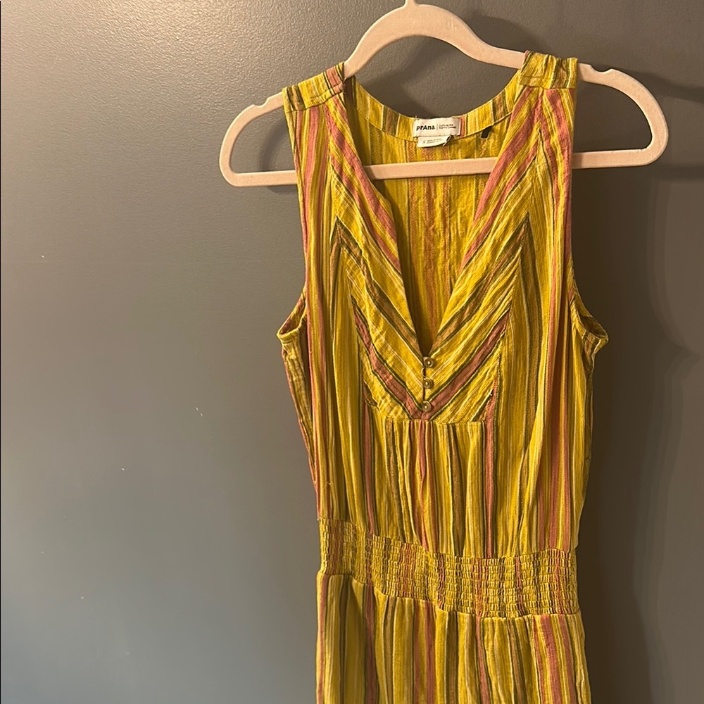 Prana Yellow and Pink Ruched Smocked Maxi Sundress